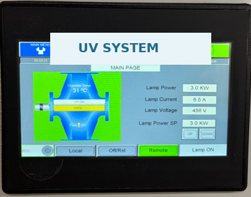 UV system HMI touchscreen showing lamp power, current and voltage