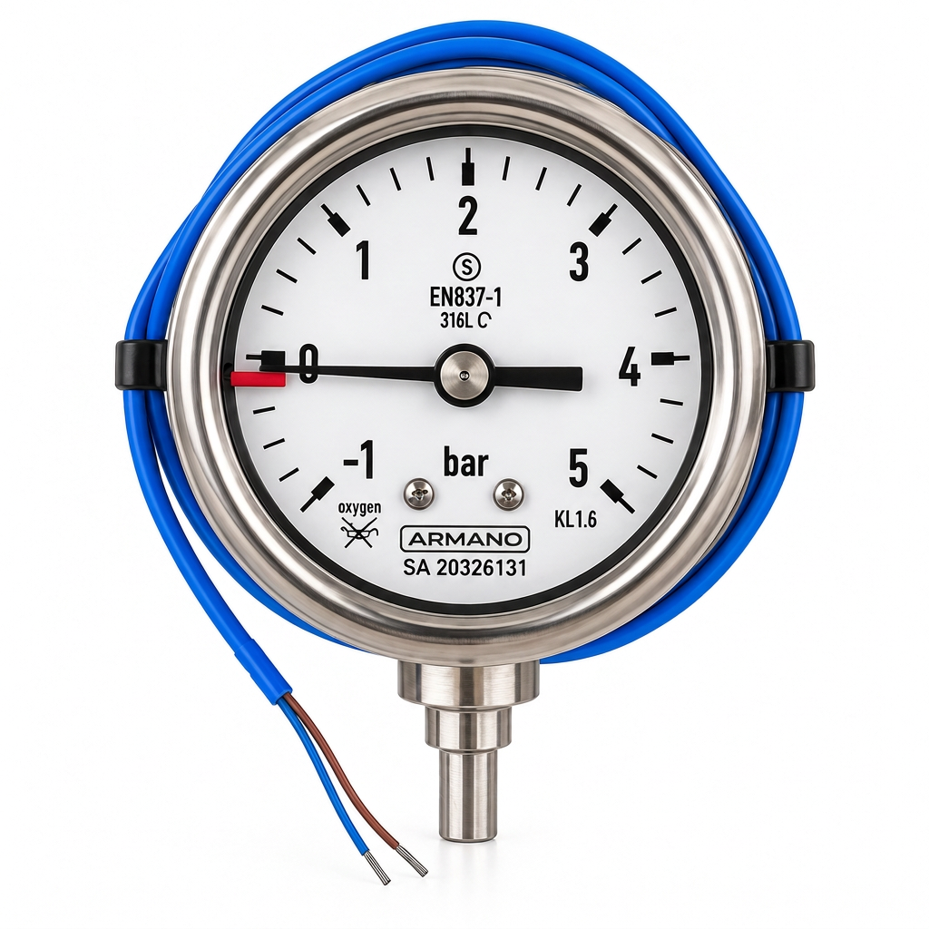 Manómetro de seguridad inoxidable de tubo Bourdon ARMANO RSCh 63-3 con contacto Reed R4