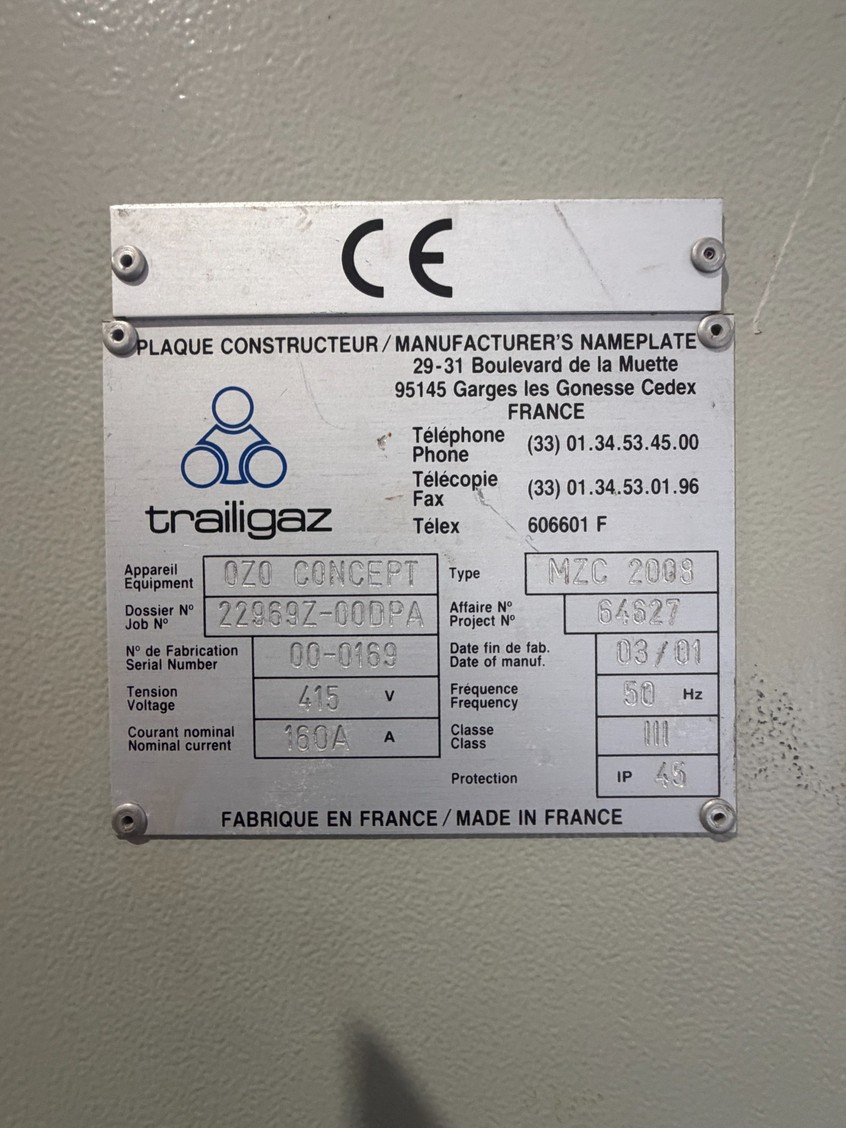 Trailigaz MZC 2008 ozone generator nameplate.