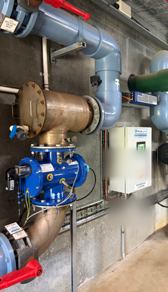 Installed ozone injection pipework with actuated valve at a treatment plant