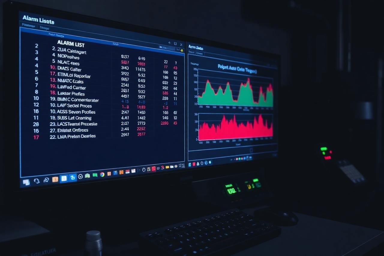 Control room screen showing an alarm list and process trend graphs