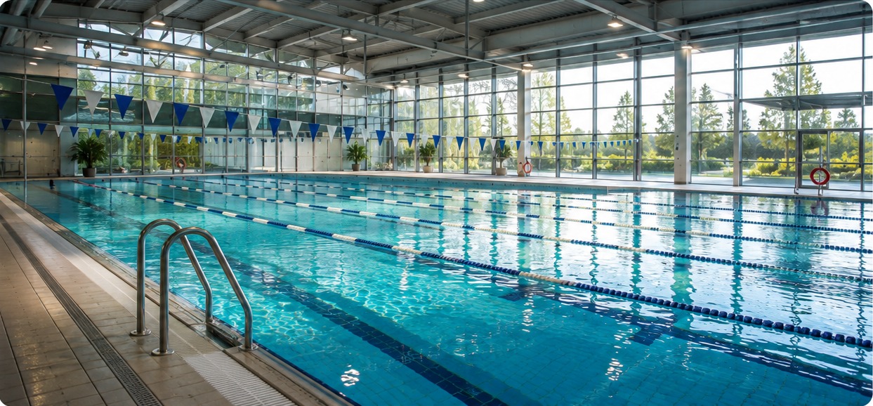 Indoor lap swimming pool in a bright glass-walled aquatic centre with clear blue water and lane ropes