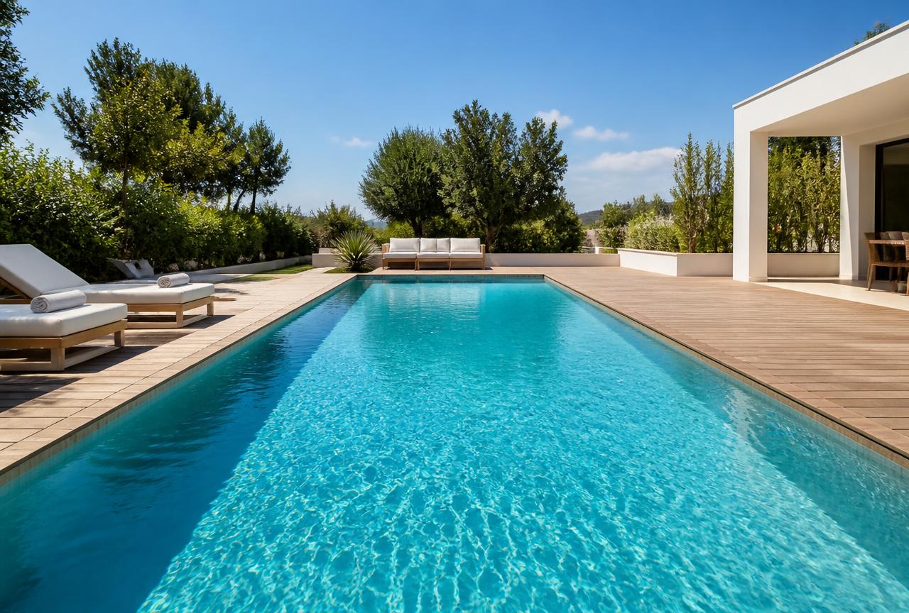 Piscina recreativa exterior moderna y limpia con agua turquesa transparente, cubierta de madera, tumbonas y jardín paisajístico