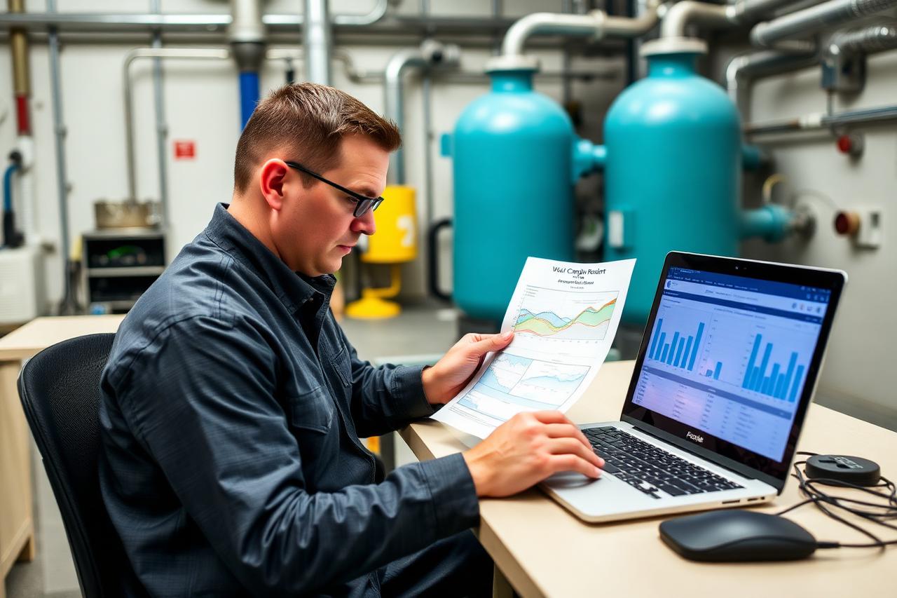 Engineer reviewing a water quality compliance report beside plant equipment