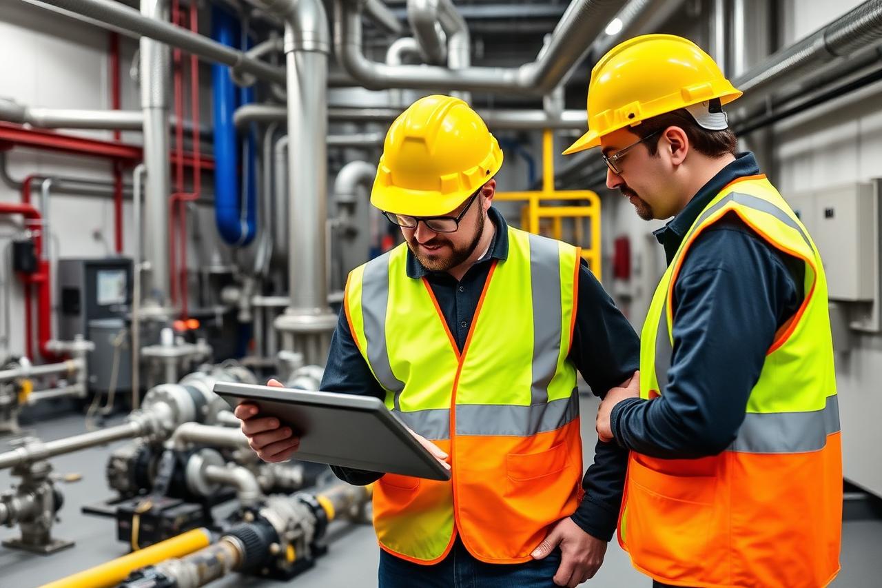Engineers reviewing plant drawings on a tablet inside a water treatment plant room