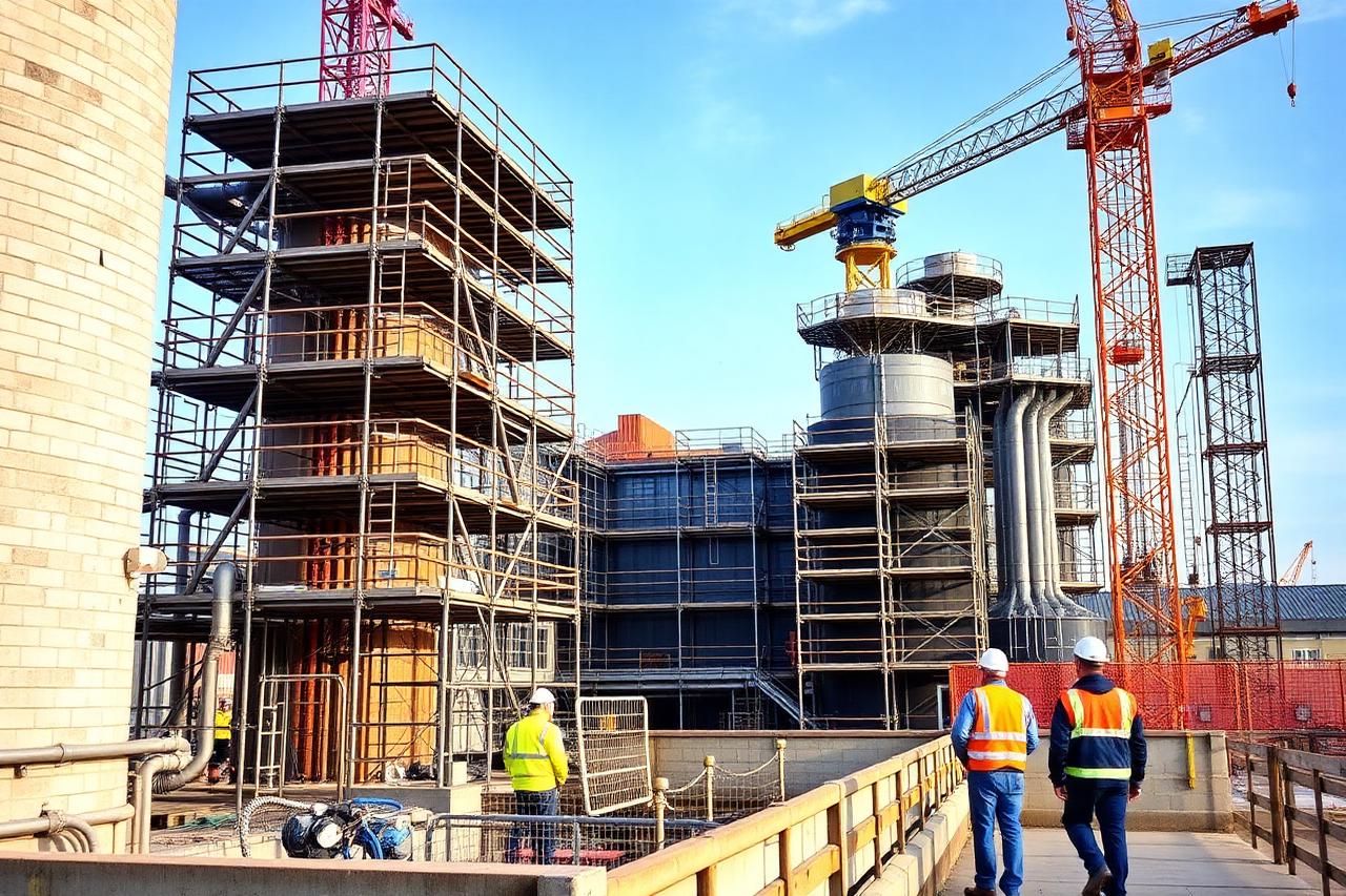Industrial water treatment plant under construction with scaffolding and crane