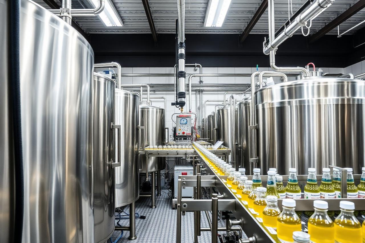 Industrial beverage processing plant with stainless steel tanks and filling line