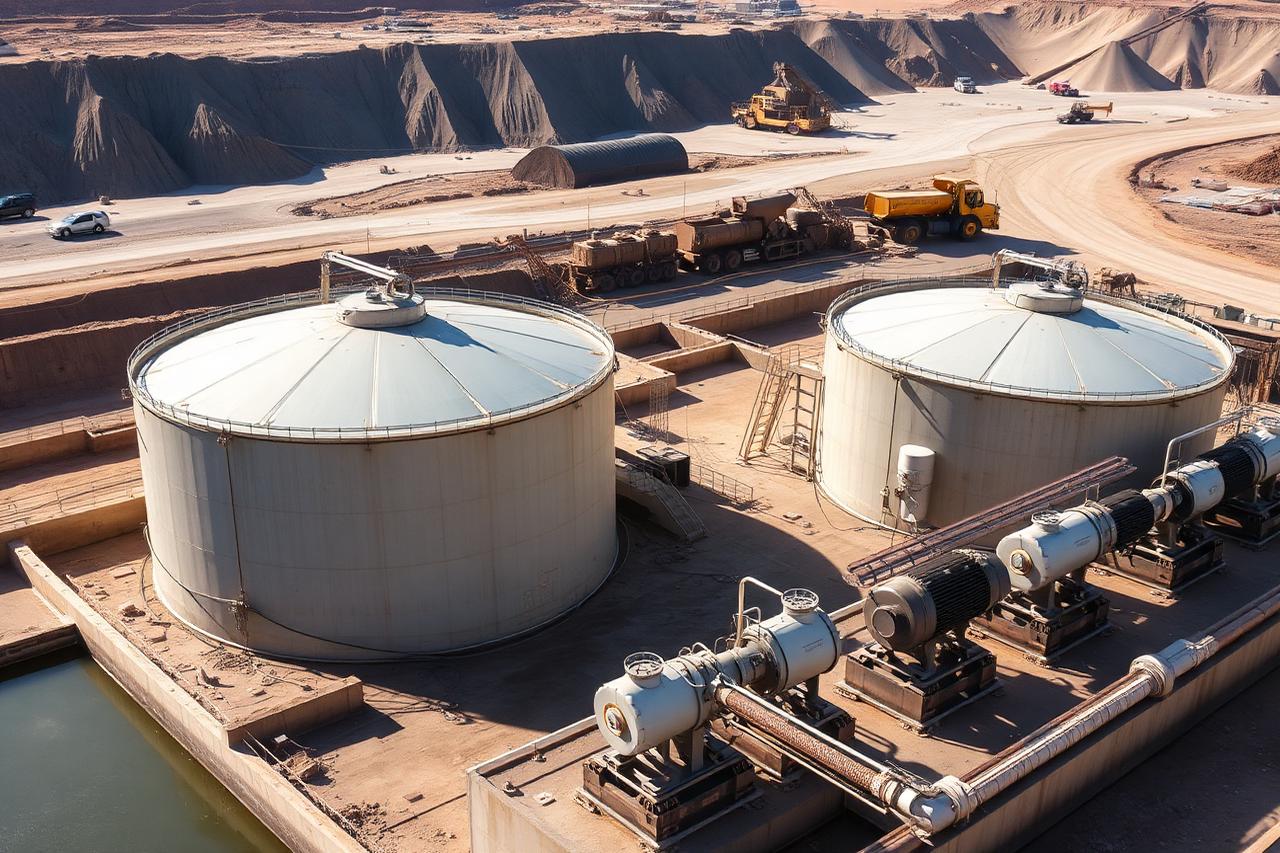 Mine site water treatment operation with process tanks and pumps