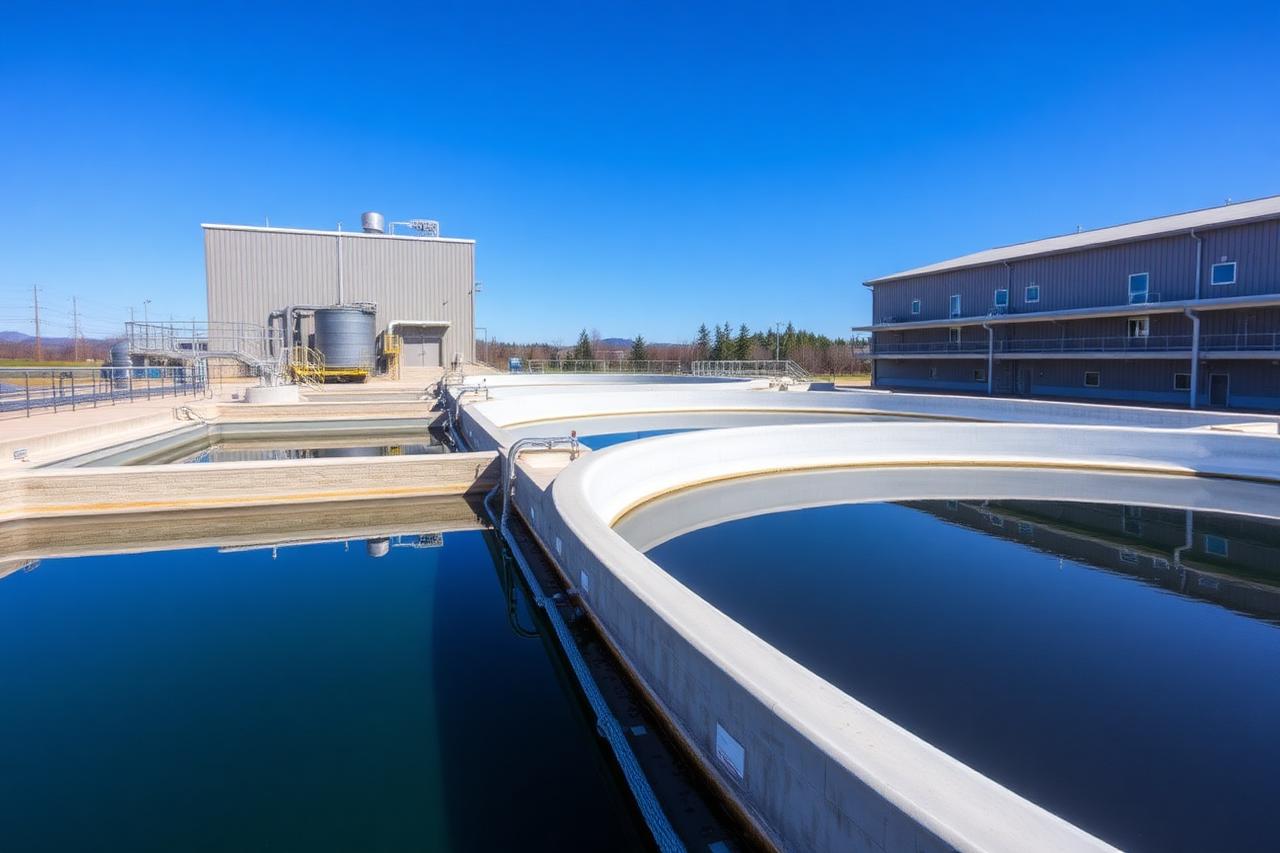 Municipal drinking water treatment facility with clarifier basins and control building