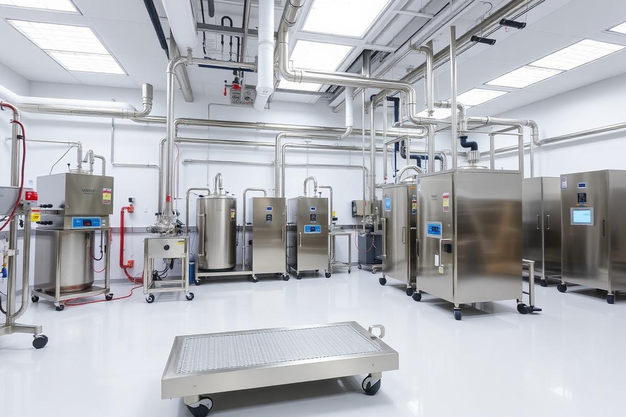 Pharmaceutical manufacturing area with stainless steel purified water equipment