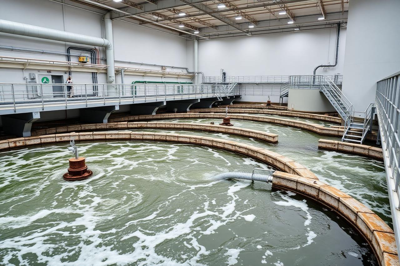 Modern wastewater treatment plant with circular aeration tanks