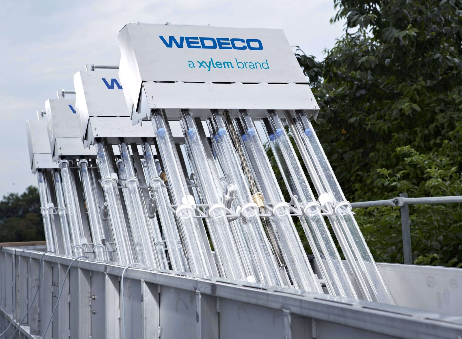 WEDECO Duron 6 UV modules inclined at 45° in an open channel