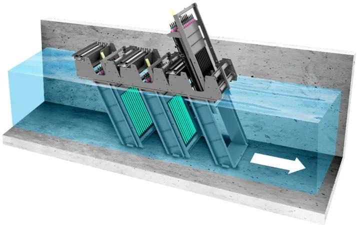 WEDECO Duron 8 UV banks in a channel, cutaway illustration