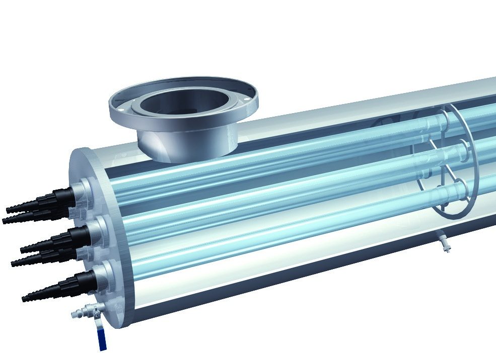 WEDECO Spektron reactor cutaway showing lamps in quartz sleeves
