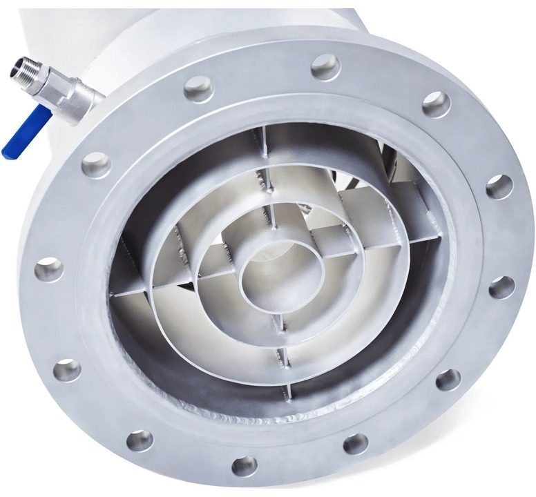 WEDECO Spektron OptiCone flow diverter seen through the inlet flange