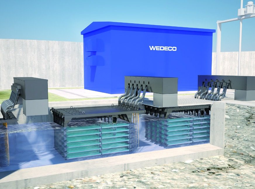 WEDECO TAK 55 UV banks in open channels at a treatment plant, illustration